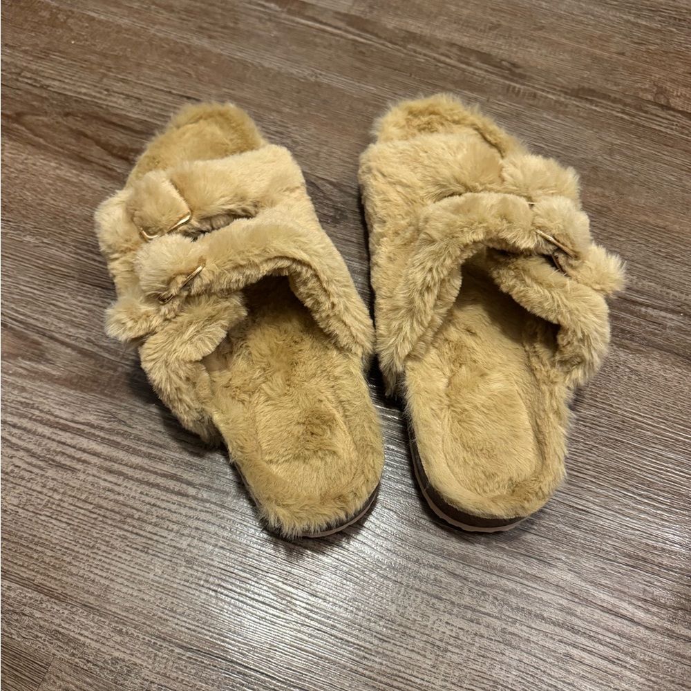 NEW ~ FITORY Women’s Tan/Beige Faux Rabbit Fur Cork Slide Sandals ~ size 8.5 - Picture 7 of 8